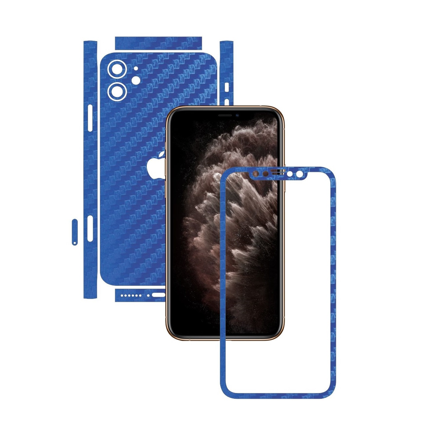 Folie Protectie Carbon Skinz pentru Apple iPhone 11 - FULL CUT - Carbon Albastru Split Cut, Skin Adeziv Full Body Cover pentru Rama Ecran, Carcasa Spate si Laterale