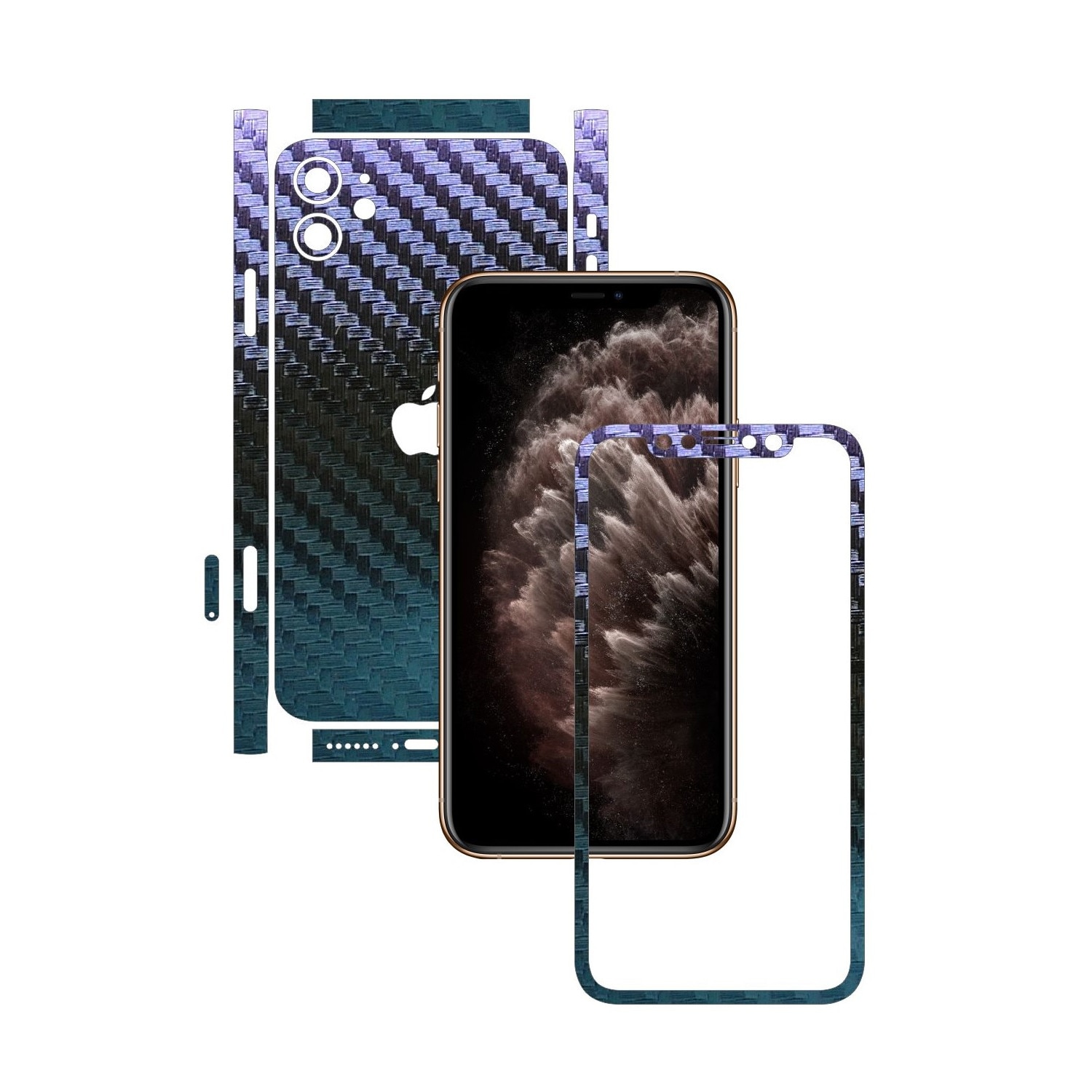 Folie Protectie Carbon Skinz pentru Apple iPhone 11 - FULL CUT - Carbon Cameleon Split Cut, Skin Adeziv Full Body Cover pentru Rama Ecran, Carcasa Spate si Laterale