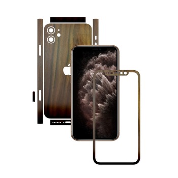 Folie Protectie Carbon Skinz pentru Apple iPhone 11 - FULL CUT - Lemn Nuc Split Cut, Skin Adeziv Full Body Cover pentru Rama Ecran, Carcasa Spate si Laterale