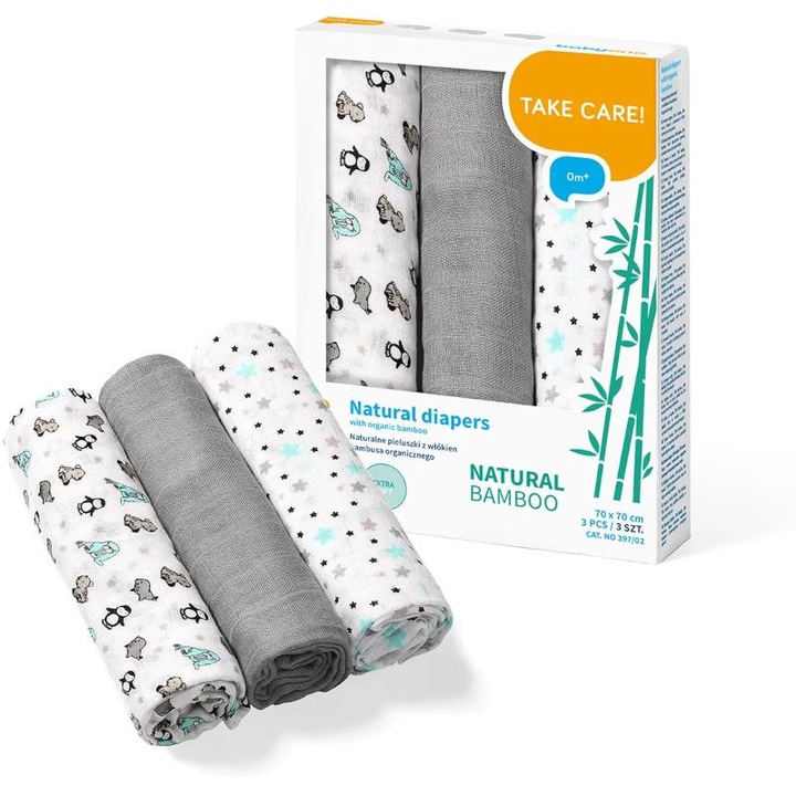 Set 3 scutece din bumbac si bambus Baby Ono Bamboo 02 Gri