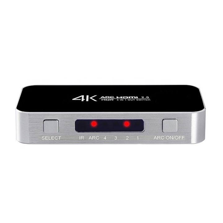 Switch HDMI 4 in 1 cu iesire HDMI si audio cu telecomanda, HDR+ARC suporta 3D si UHD 4K, culoare negru