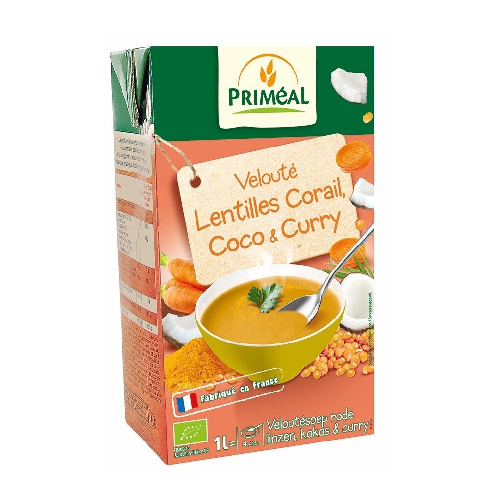 Supa crema cu linte rosie, bautura de cocos si curry 1L