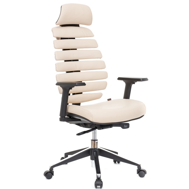 QMOBILI ERGO LINE PROCappuccino ergonomikus szék, valódi bőr, fejtámla, csúszó ülés, önállóan állítható deréktámasz, állítható 3D karfa, alumínium csillagláb, gumírozott görgők