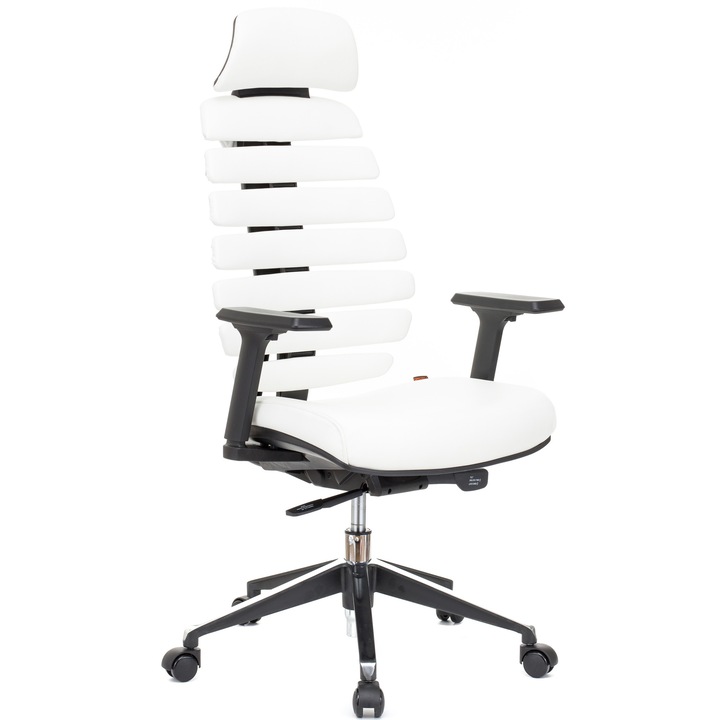 QMOBILI ERGO LINE PRO Fehér ergonomikus szék, valódi bőr, fejtámla, csúszó ülés, önállóan állítható deréktámasz, állítható 3D karfa, alumínium csillagláb, gumírozott görgők