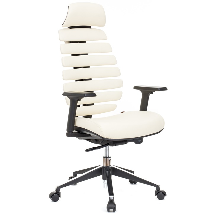 QMOBILI ERGO LINE PRO Krém ergonomikus szék, valódi bőr, fejtámla, csúszó ülés, önállóan állítható deréktámasz, állítható 3D karfa, alumínium csillagláb, gumírozott görgők