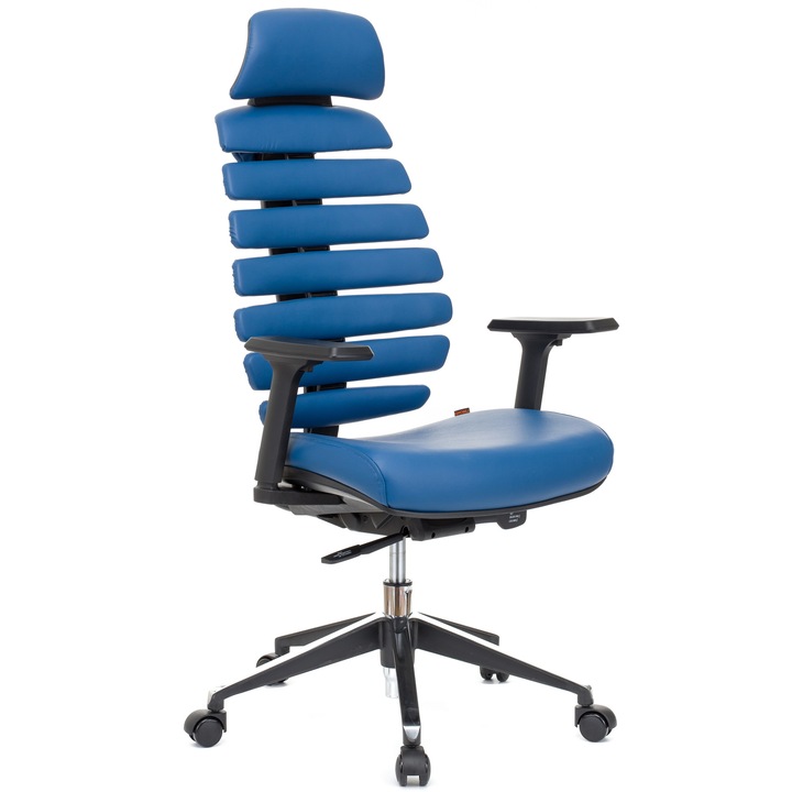 QMOBILI ERGO LINE PRO Kék ergonomikus szék, valódi bőr, fejtámla, csúszó ülés, önállóan állítható deréktámasz, állítható 3D karfa, alumínium csillagláb, gumírozott görgők