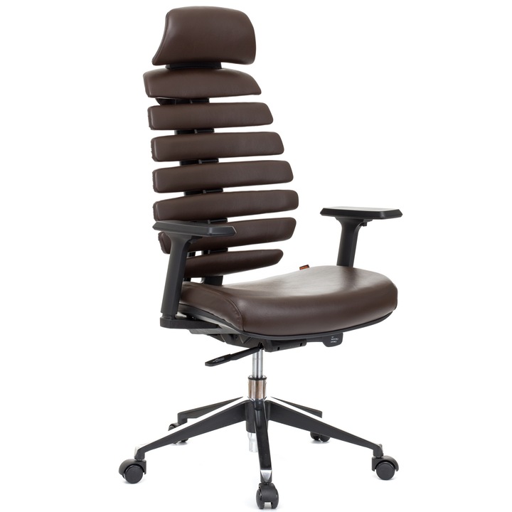 QMOBILI ERGO LINE PRO Barna ergonomikus szék, valódi bőr, fejtámla, csúszó ülés, önállóan állítható deréktámasz, állítható 3D karfa, alumínium csillagláb, gumírozott görgők