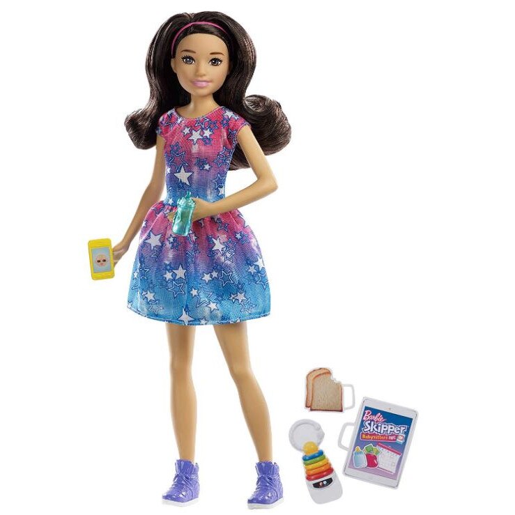 Papusa Barbie Skipper babysitter cu 5 accesorii, rochie cu stelute