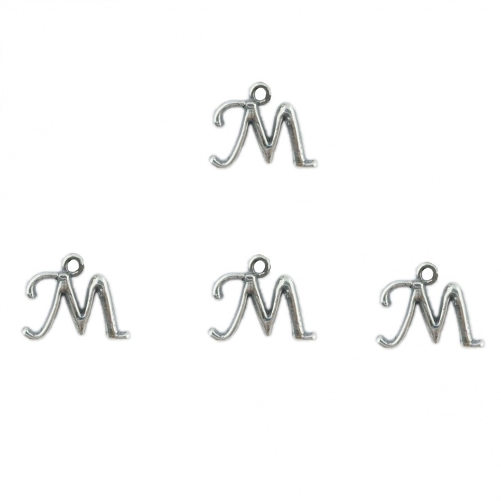Сребърен талисман Буква М за изработка на бижута, висулки, медальони, гривни, обеци - комплект от 4 бр.