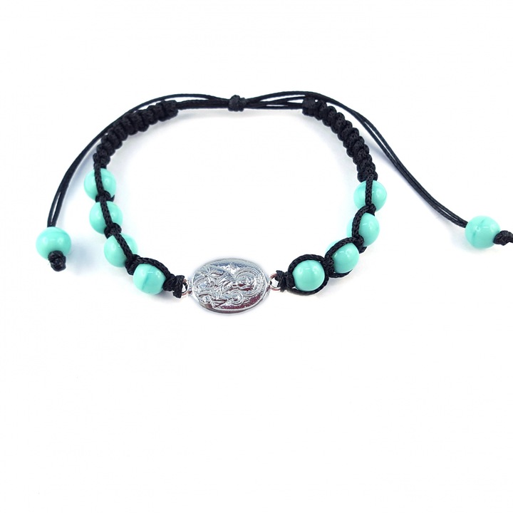 Ръчно тъкана гривна от черен шнур персонализиран медальон Дева Мария бебе Исус сребърни мъниста тюркоазено стъкло Bohemia регулируема 4252150 Dras