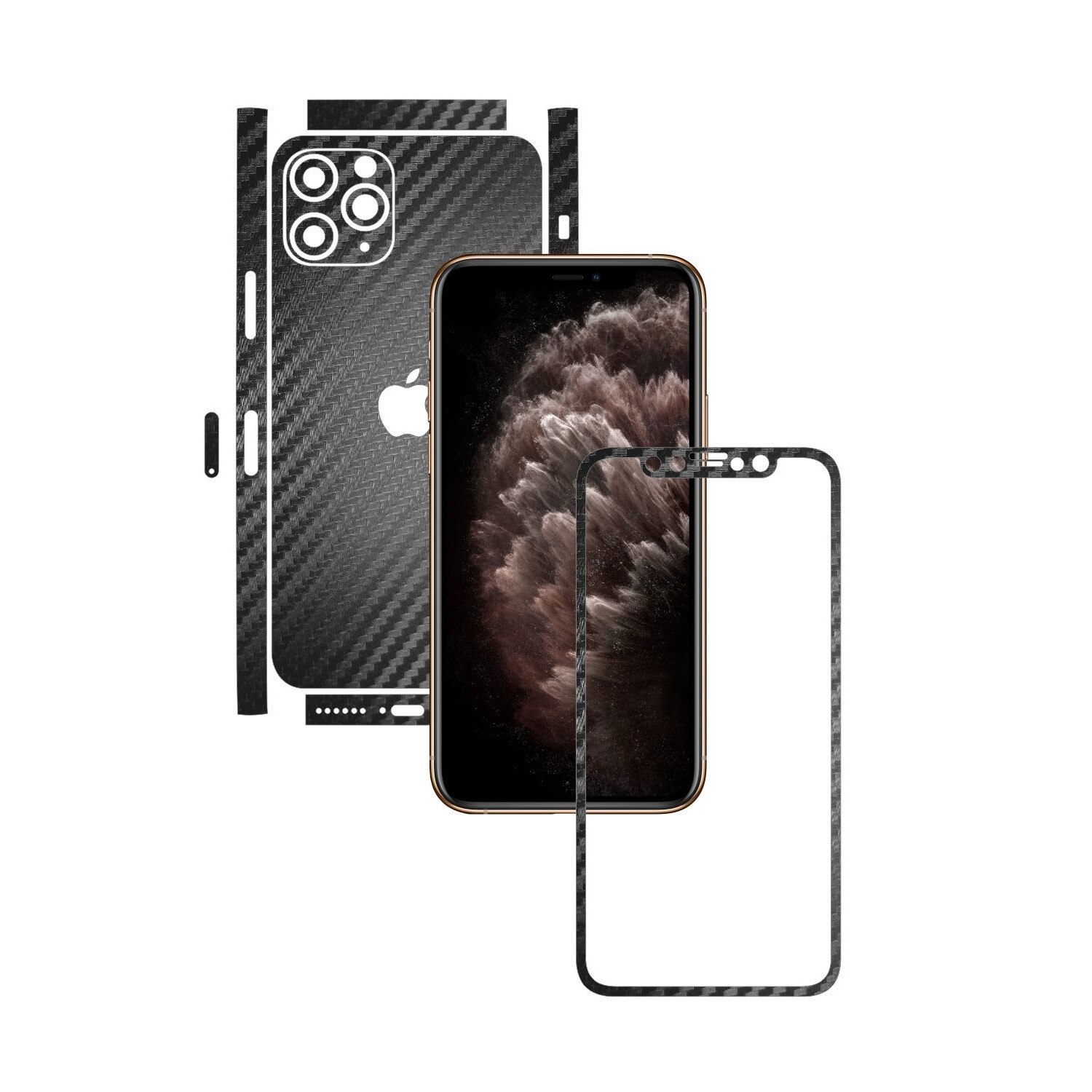 Folie Protectie Carbon Skinz pentru Apple iPhone 11 Pro Max - CAM CUT - Carbon Negru Split Cut, Skin Adeziv Full Body Cover pentru Rama Ecran, Carcasa Spate si Laterale