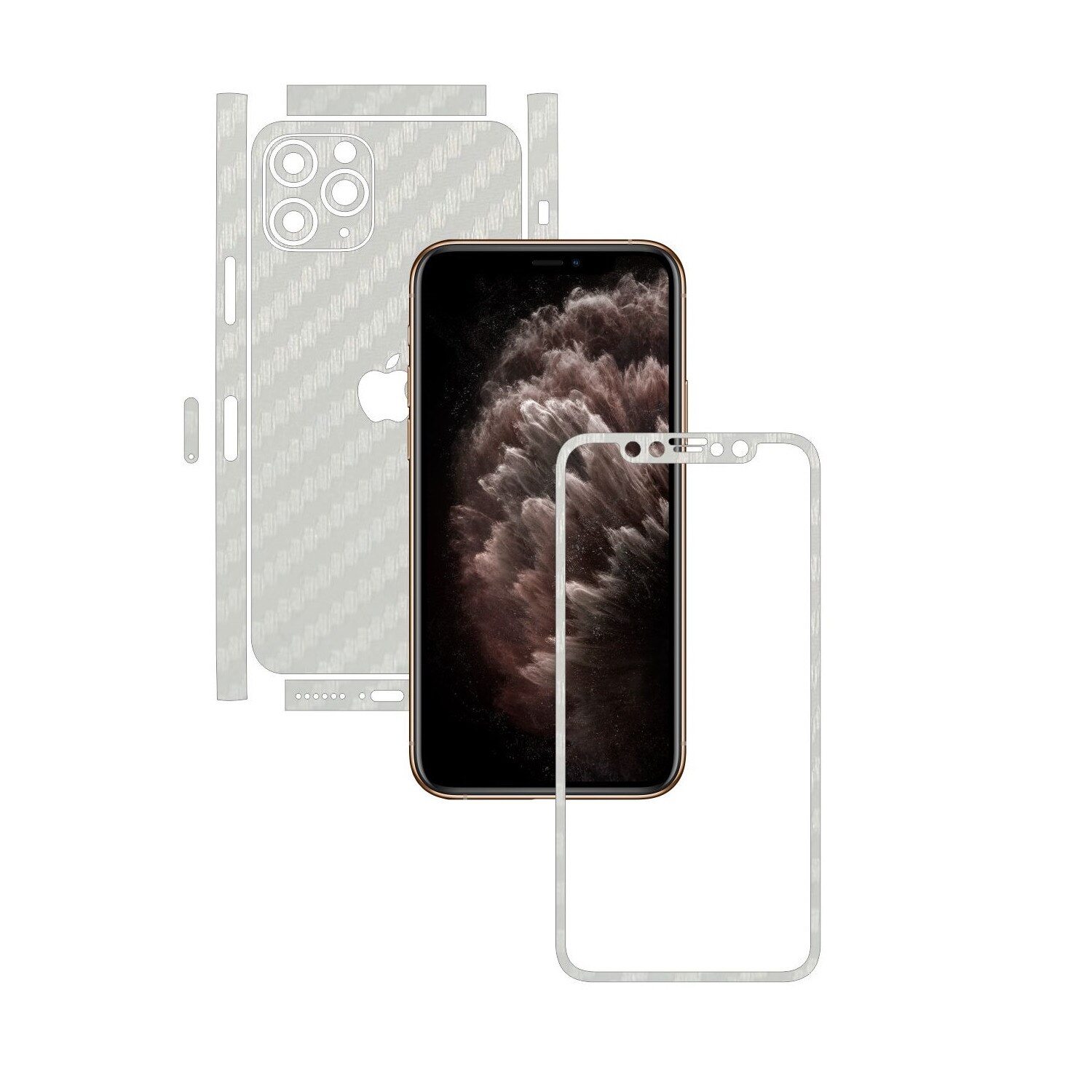 Folie Protectie Carbon Skinz pentru Apple iPhone 11 Pro Max - CAM CUT - Carbon Alb Split Cut, Skin Adeziv Full Body Cover pentru Rama Ecran, Carcasa Spate si Laterale