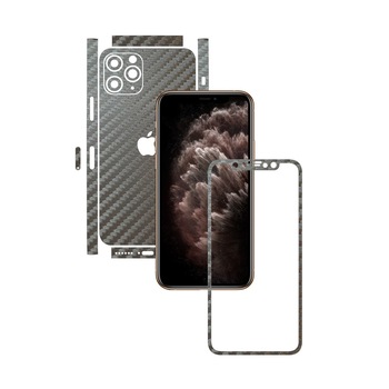 Folie Protectie Carbon Skinz pentru Apple iPhone 11 Pro Max - CAM CUT - Carbon Gri Argintiu Split Cut, Skin Adeziv Full Body Cover pentru Rama Ecran, Carcasa Spate si Laterale