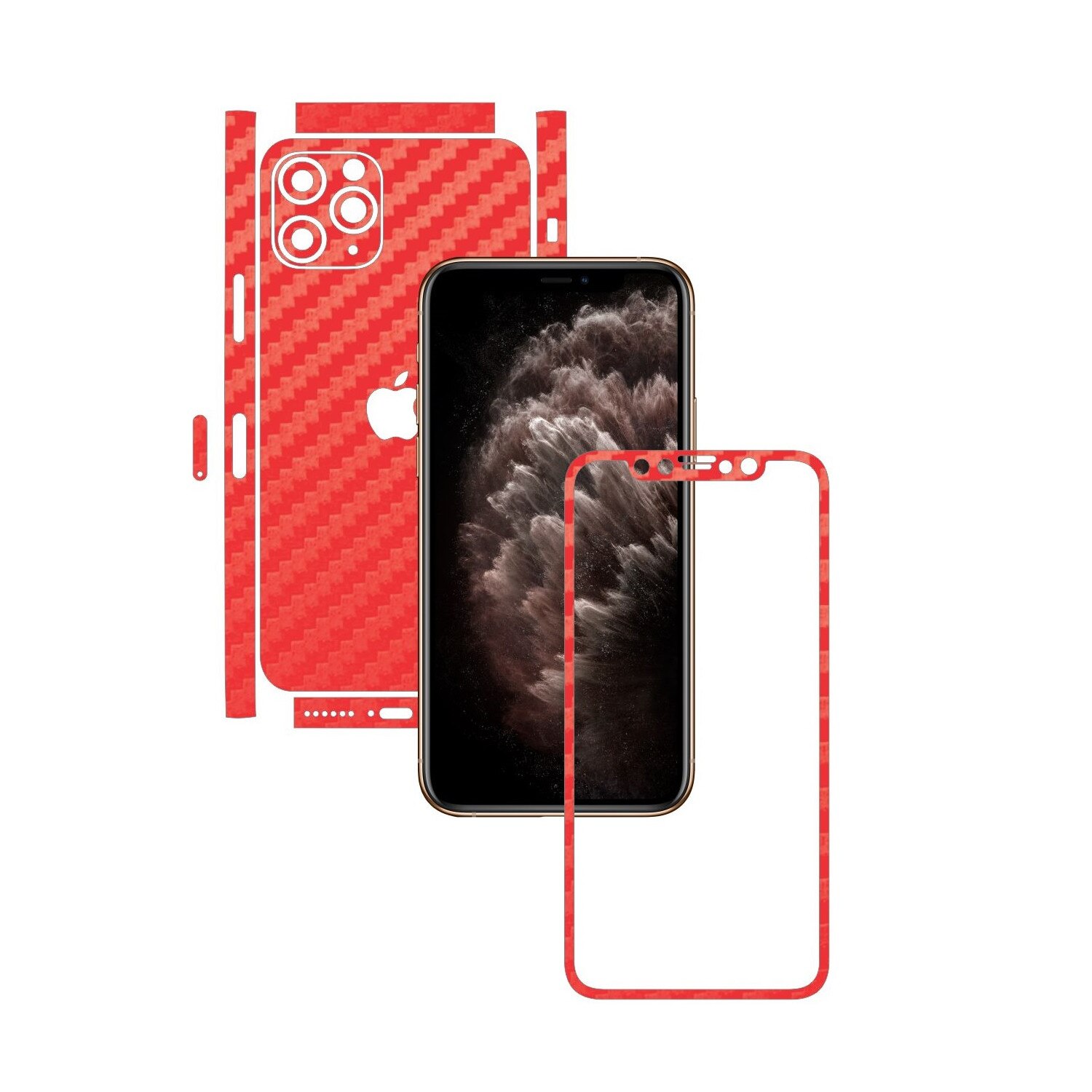 Folie Protectie Carbon Skinz pentru Apple iPhone 11 Pro Max - CAM CUT - Carbon Rosu Split Cut, Skin Adeziv Full Body Cover pentru Rama Ecran, Carcasa Spate si Laterale
