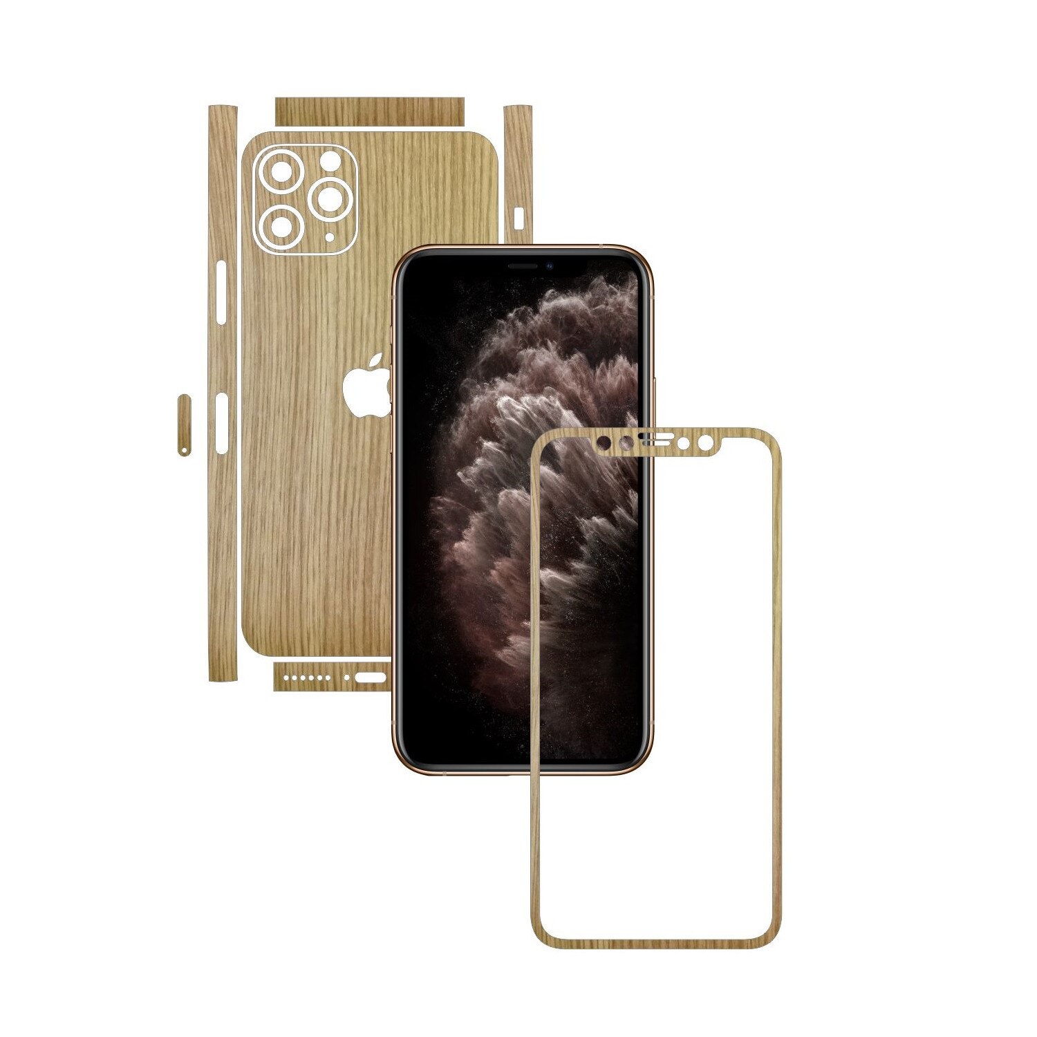Folie Protectie Carbon Skinz pentru Apple iPhone 11 Pro Max - CAM CUT - Lemn Stejar Split Cut, Skin Adeziv Full Body Cover pentru Rama Ecran, Carcasa Spate si Laterale
