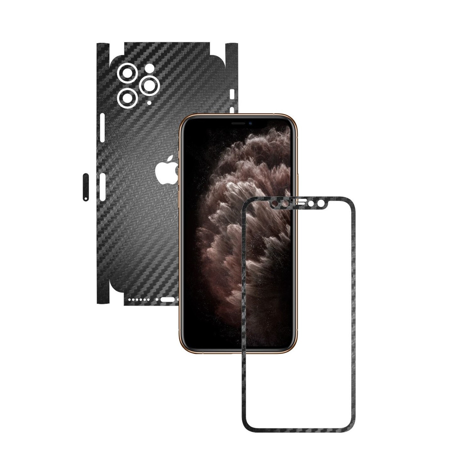 Folie Protectie Carbon Skinz pentru Apple iPhone 11 Pro Max - FULL CUT - Carbon Negru 360 Cut, Skin Adeziv Full Body Cover pentru Rama Ecran, Carcasa Spate si Laterale