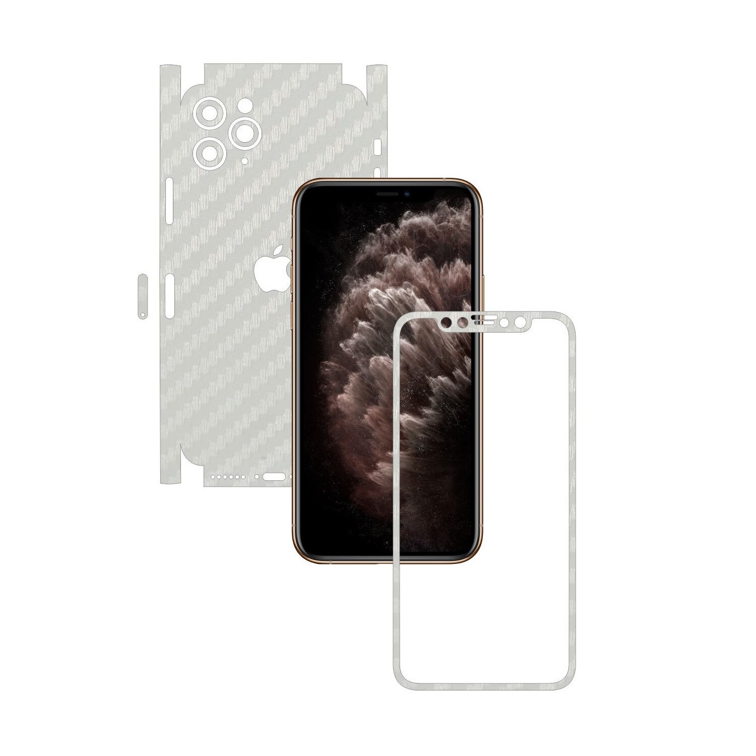 Folie Protectie Carbon Skinz pentru Apple iPhone 11 Pro Max - FULL CUT - Carbon Alb 360 Cut, Skin Adeziv Full Body Cover pentru Rama Ecran, Carcasa Spate si Laterale