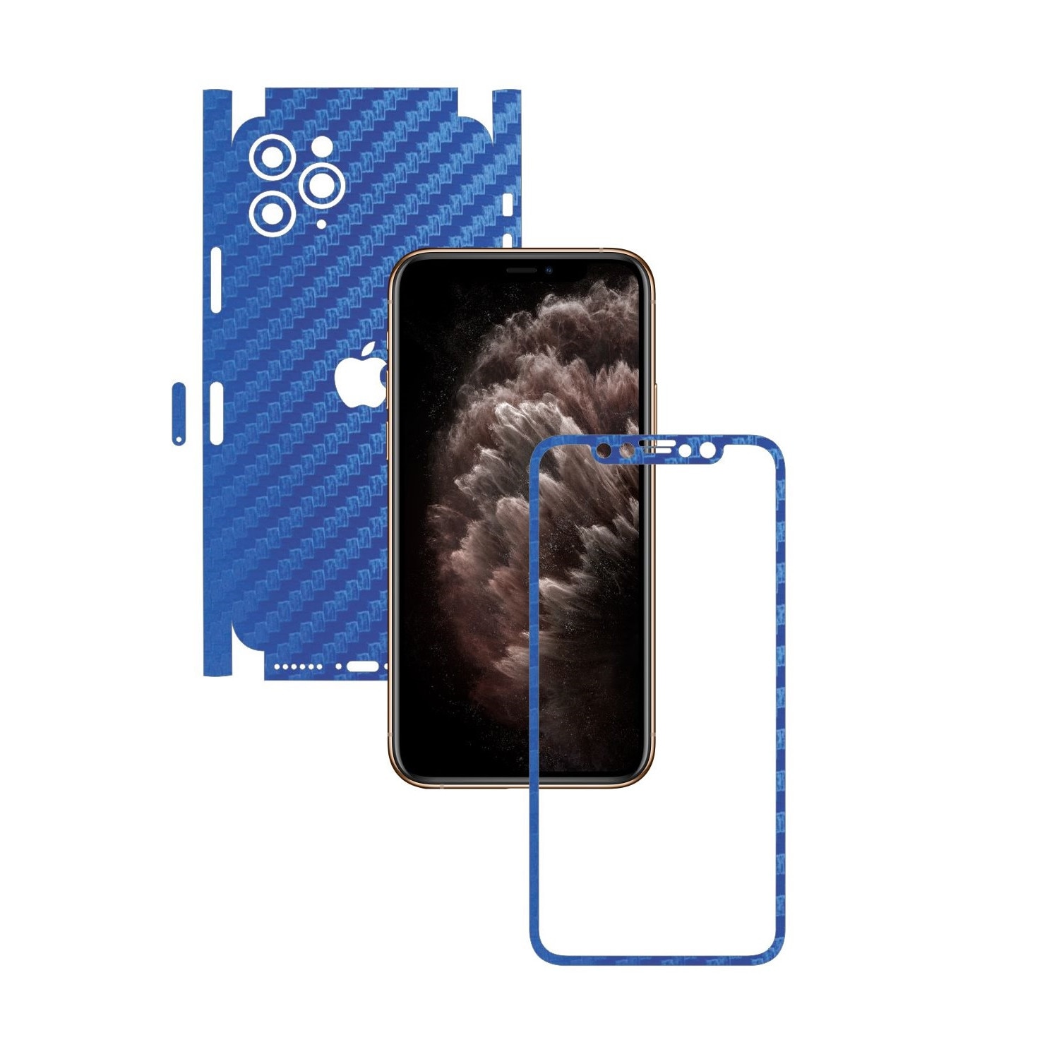 Folie Protectie Carbon Skinz pentru Apple iPhone 11 Pro Max - FULL CUT - Carbon Albastru 360 Cut, Skin Adeziv Full Body Cover pentru Rama Ecran, Carcasa Spate si Laterale