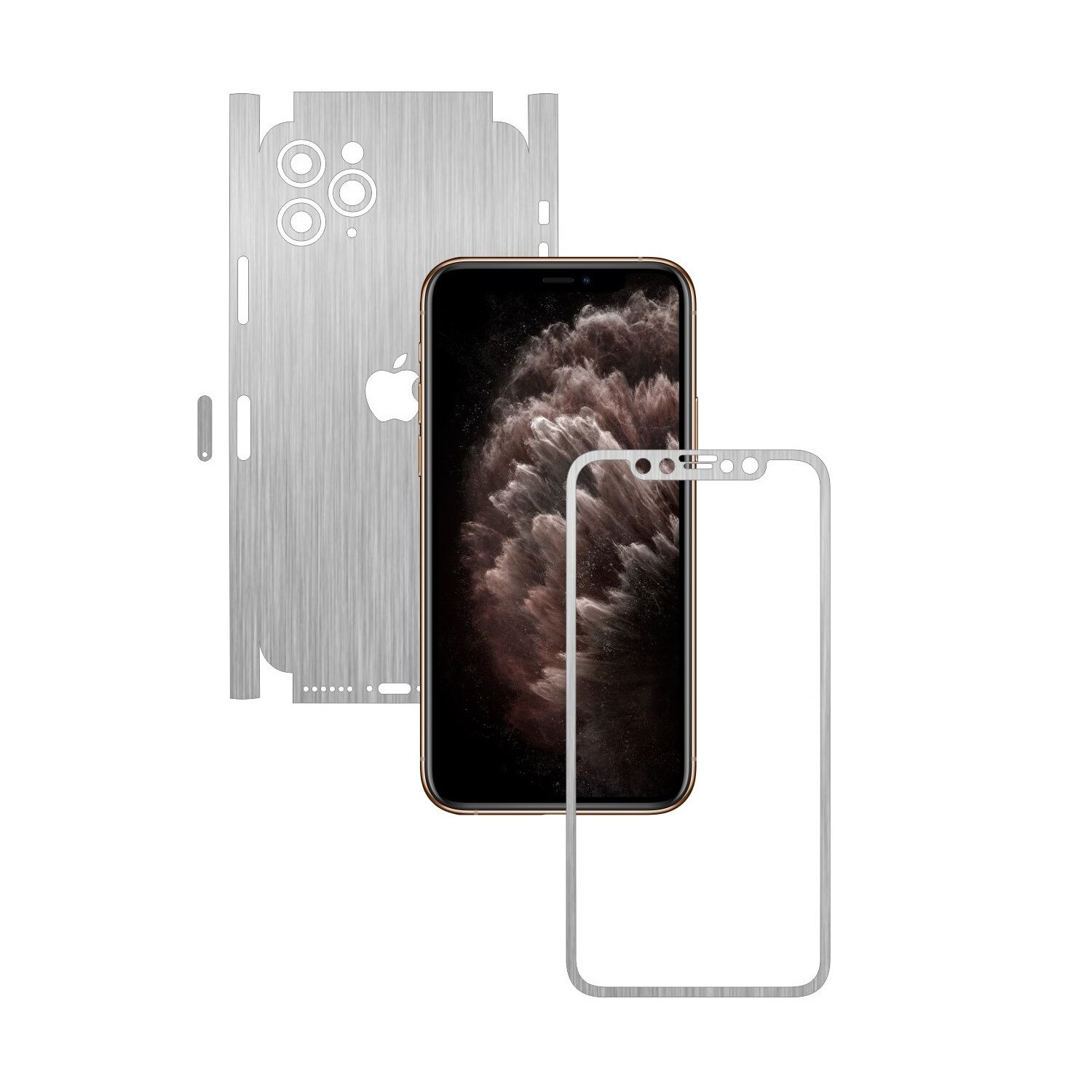 Folie Protectie Carbon Skinz pentru Apple iPhone 11 Pro Max - FULL CUT - Brushed Argintiu 360 Cut, Skin Adeziv Full Body Cover pentru Rama Ecran, Carcasa Spate si Laterale