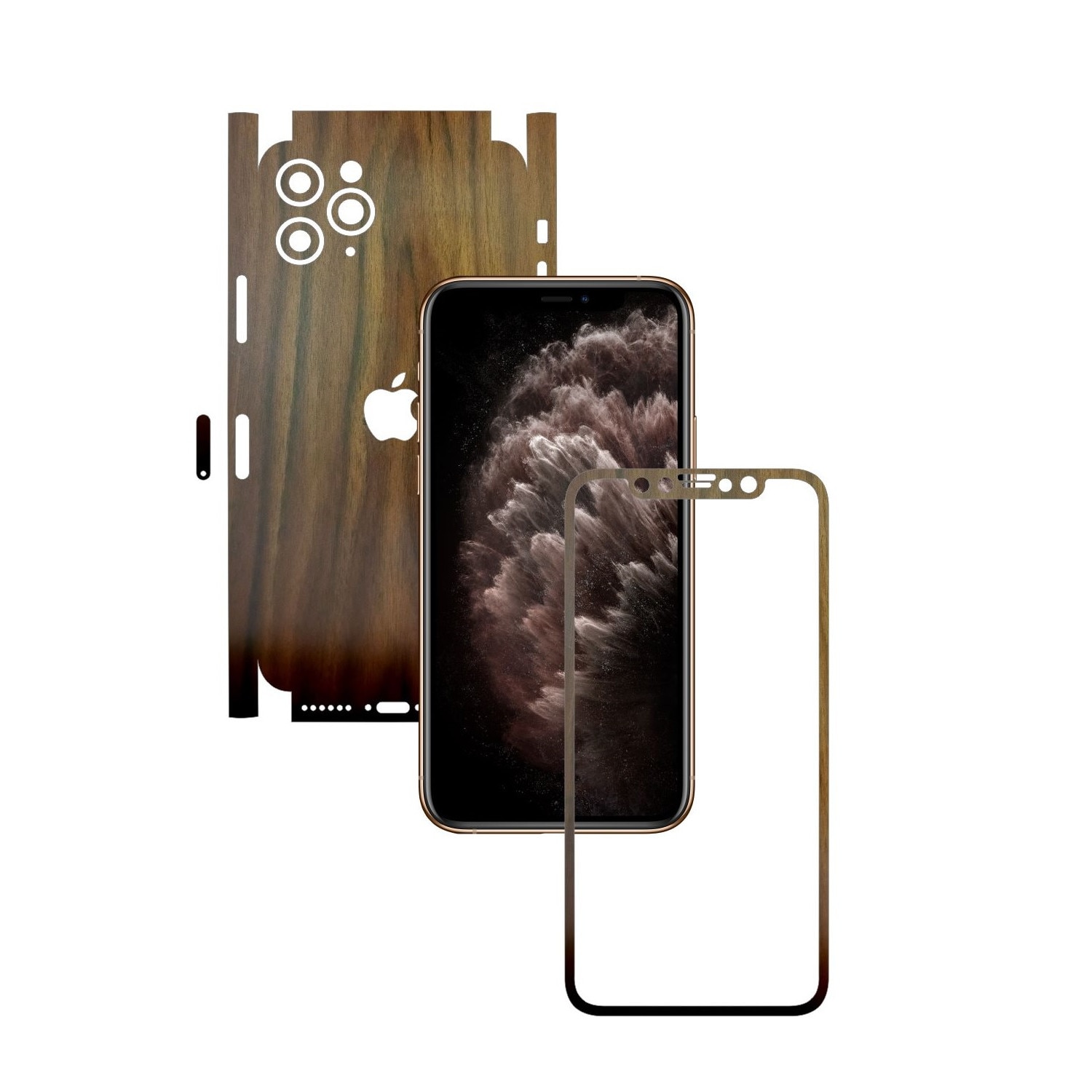 Folie Protectie Carbon Skinz pentru Apple iPhone 11 Pro - FULL CUT - Lemn Nuc 360 Cut, Skin Adeziv Full Body Cover pentru Rama Ecran, Carcasa Spate si Laterale