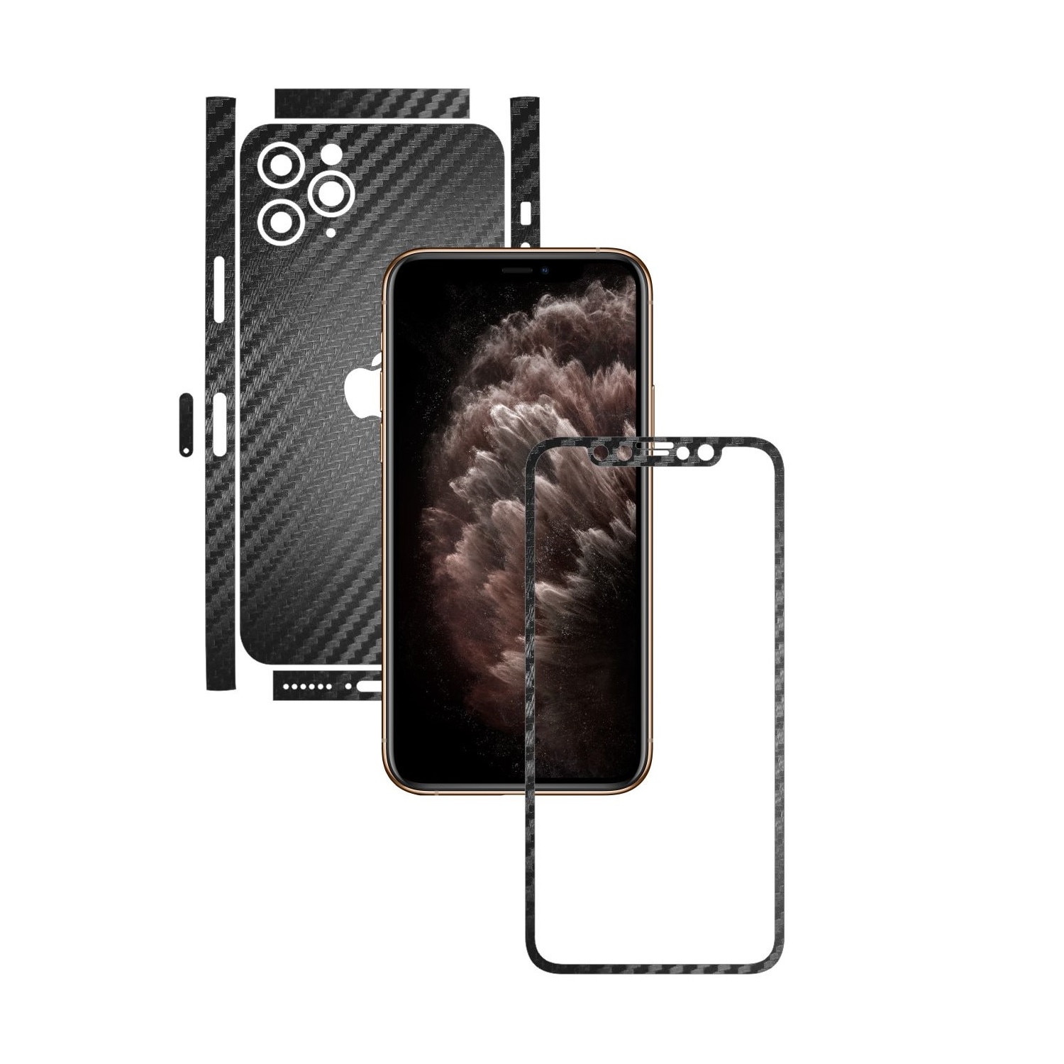 Folie Protectie Carbon Skinz pentru Apple iPhone 11 Pro Max - FULL CUT - Carbon Negru Split Cut, Skin Adeziv Full Body Cover pentru Rama Ecran, Carcasa Spate si Laterale