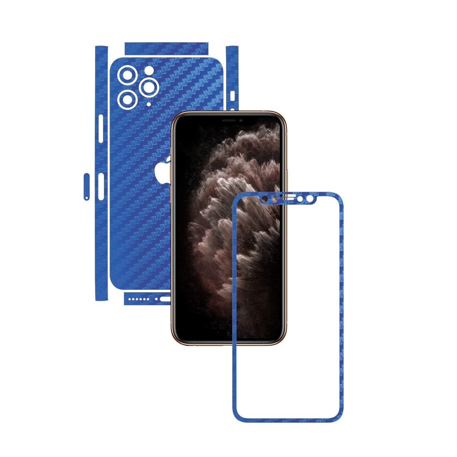 Folie Protectie Carbon Skinz pentru Apple iPhone 11 Pro Max - FULL CUT - Carbon Albastru Split Cut, Skin Adeziv Full Body Cover pentru Rama Ecran, Carcasa Spate si Laterale
