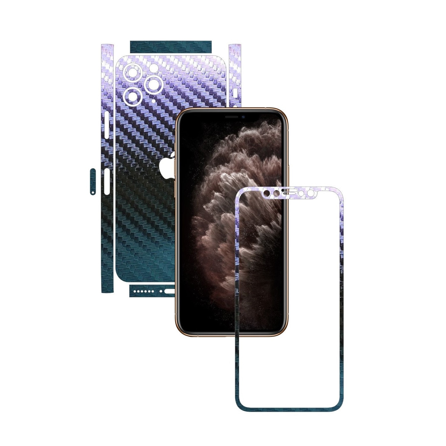 Folie Protectie Carbon Skinz pentru Apple iPhone 11 Pro - FULL CUT - Carbon Cameleon Split Cut, Skin Adeziv Full Body Cover pentru Rama Ecran, Carcasa Spate si Laterale