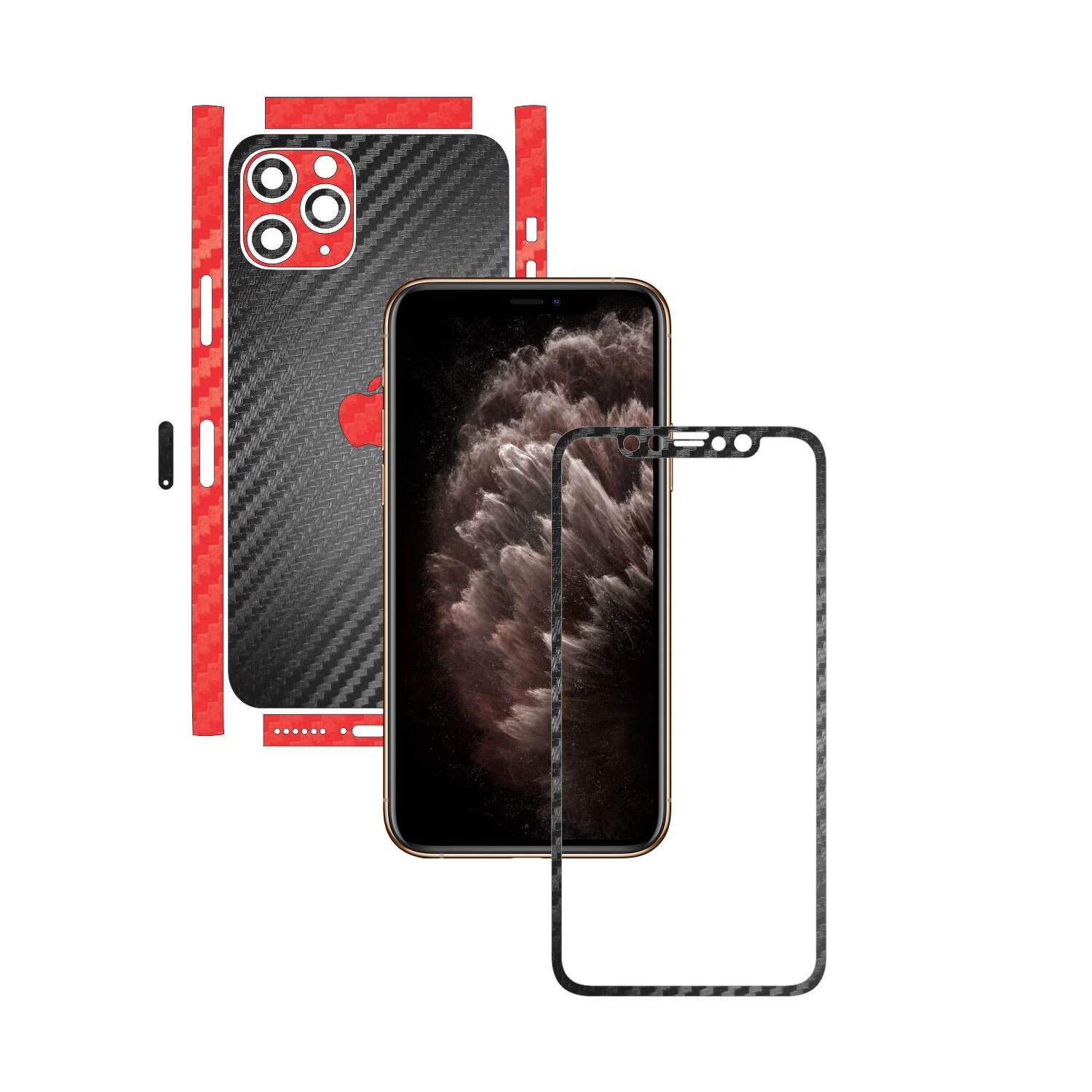 Folie Protectie Carbon Skinz pentru Apple iPhone 11 Pro - FULL CUT - Carbon Two Tone Negru / Rosu, Skin Adeziv Full Body Cover pentru Rama Ecran, Carcasa Spate si Laterale