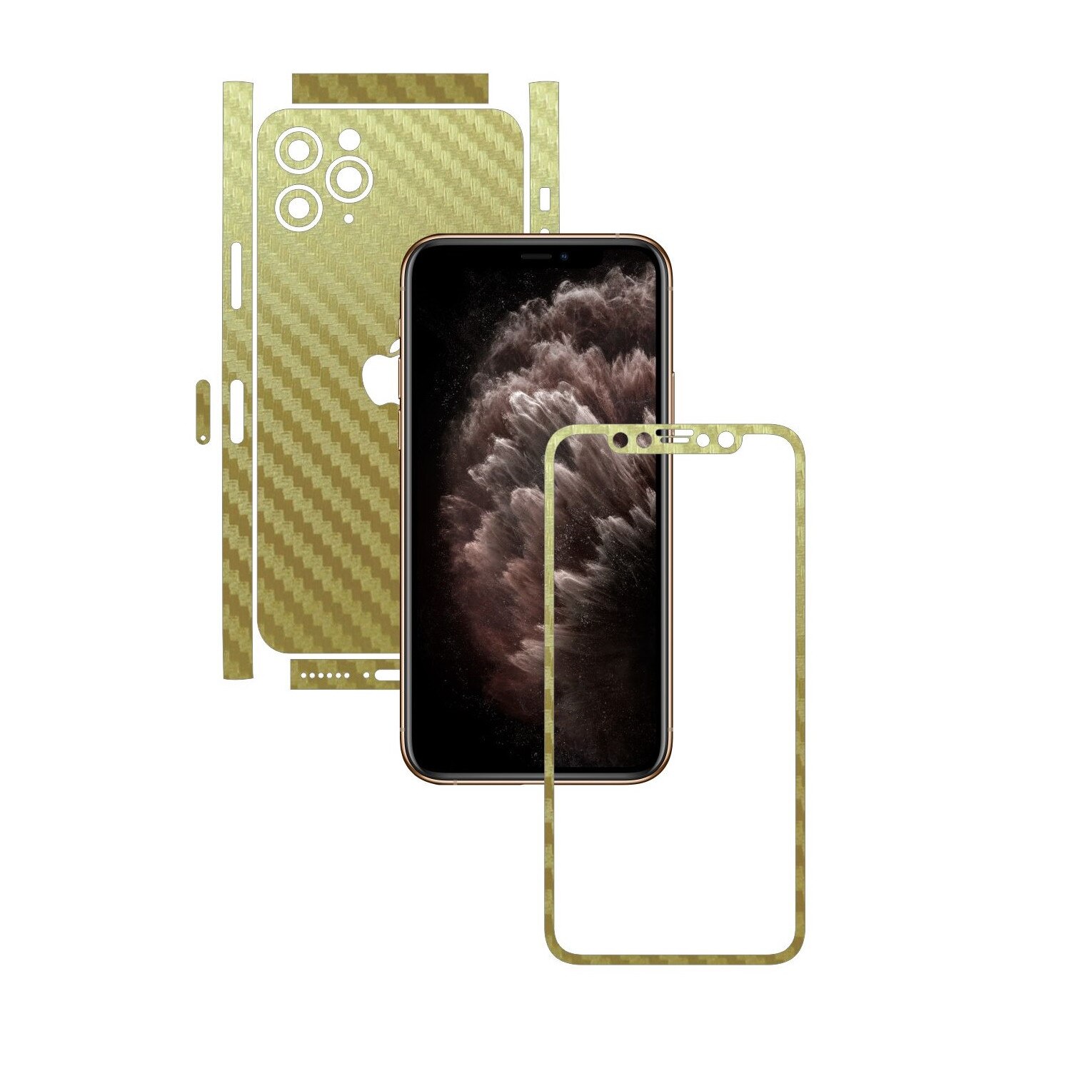Folie Protectie Carbon Skinz pentru Apple iPhone 11 Pro Max - FULL CUT - Carbon Auriu Split Cut, Skin Adeziv Full Body Cover pentru Rama Ecran, Carcasa Spate si Laterale