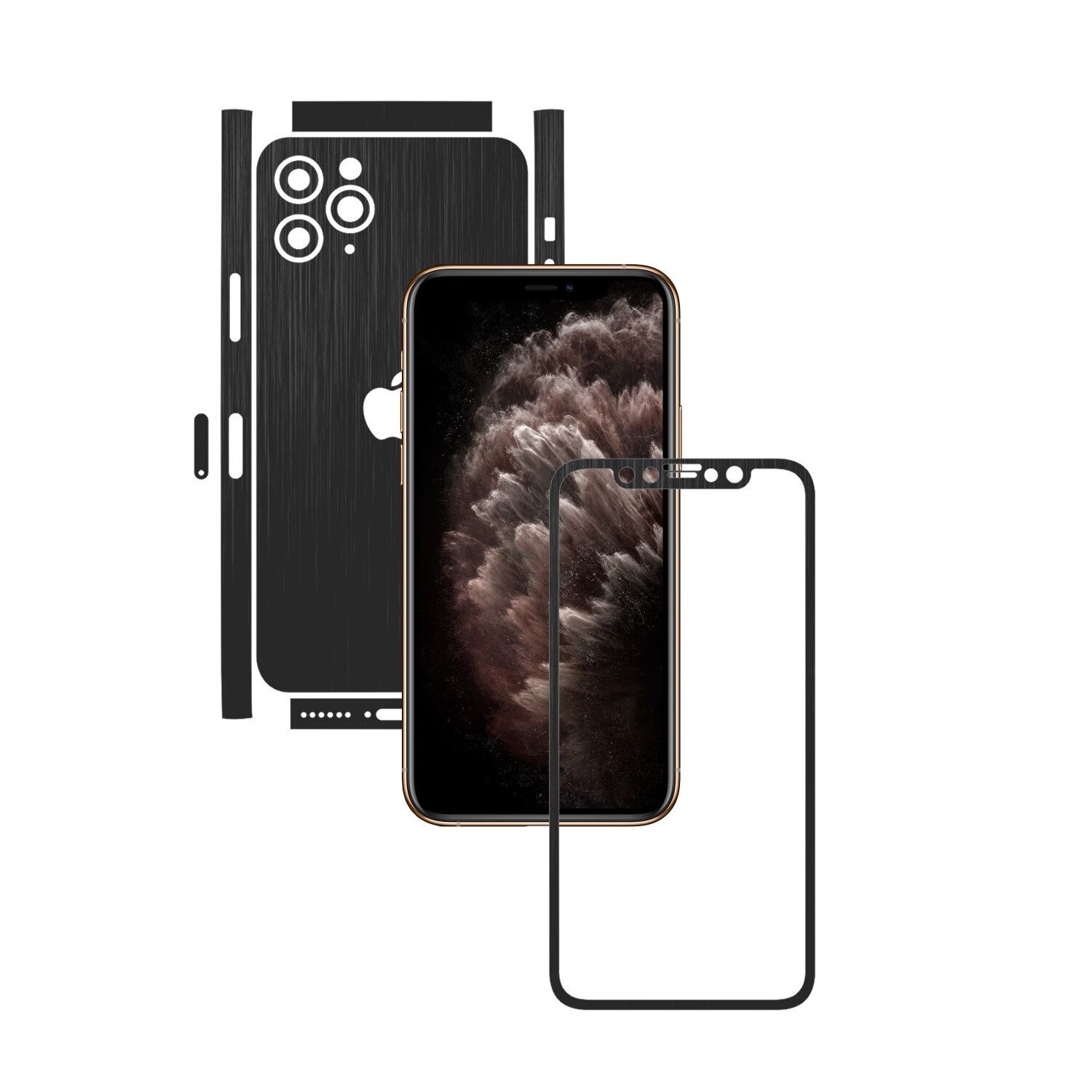 Folie Protectie Carbon Skinz pentru Apple iPhone 11 Pro - FULL CUT - Brushed Negru Split Cut, Skin Adeziv Full Body Cover pentru Rama Ecran, Carcasa Spate si Laterale
