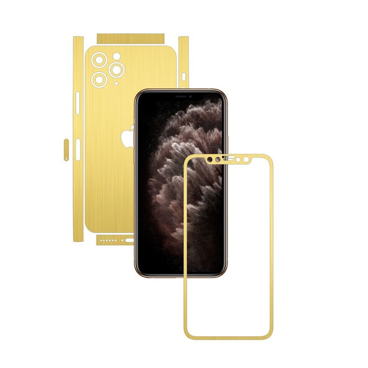 Skinz szénvédő fólia Apple iPhone 11 Pro készülékhez – TELJES VÁGÁS – szálcsiszolt arany hasított vágás, teljes testet fedő tapadó bőr képernyőkerethez, hát- és oldaltokhoz