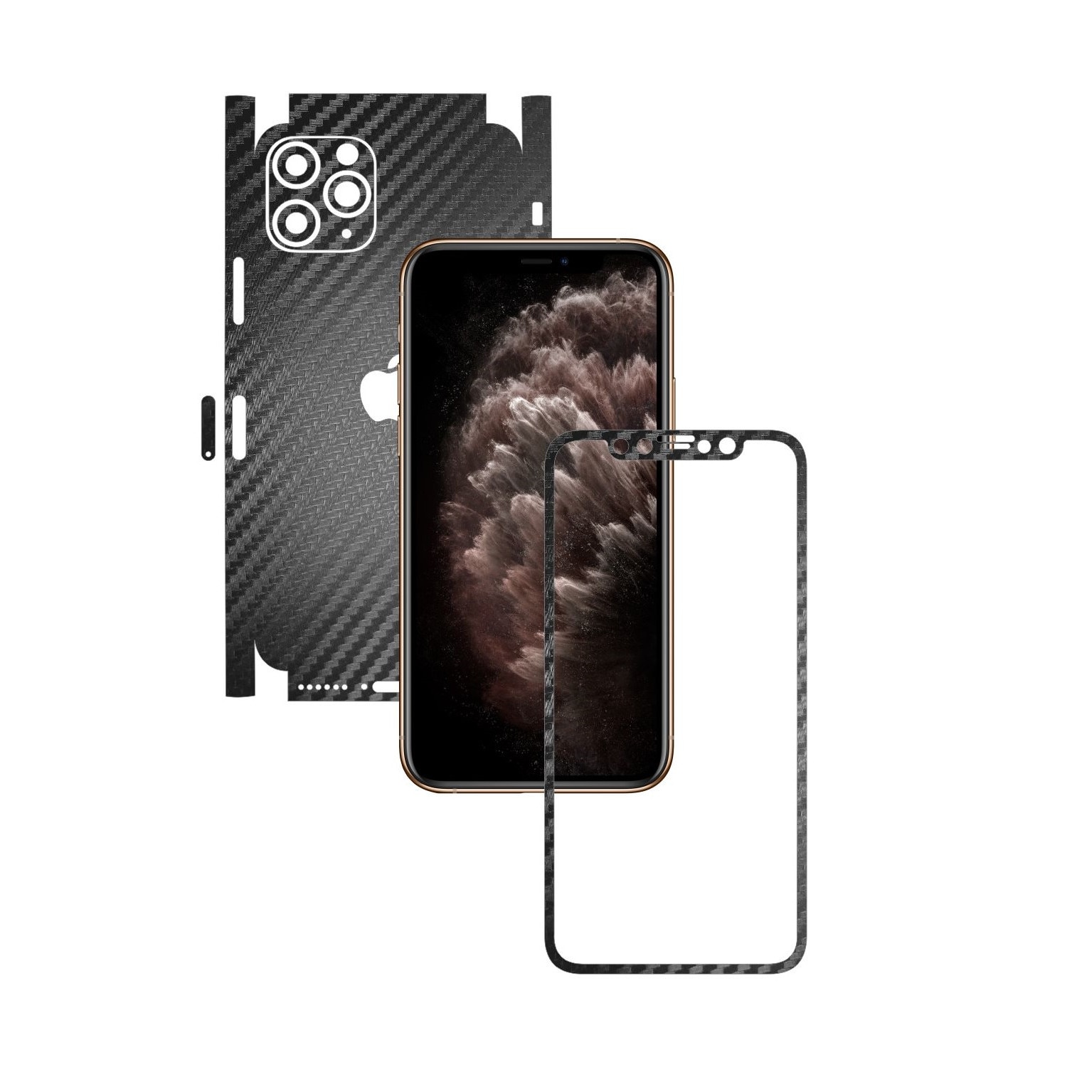 Folie Protectie Carbon Skinz pentru Apple iPhone 11 Pro Max - CAM CUT - Carbon Negru 360 Cut, Skin Adeziv Full Body Cover pentru Rama Ecran, Carcasa Spate si Laterale
