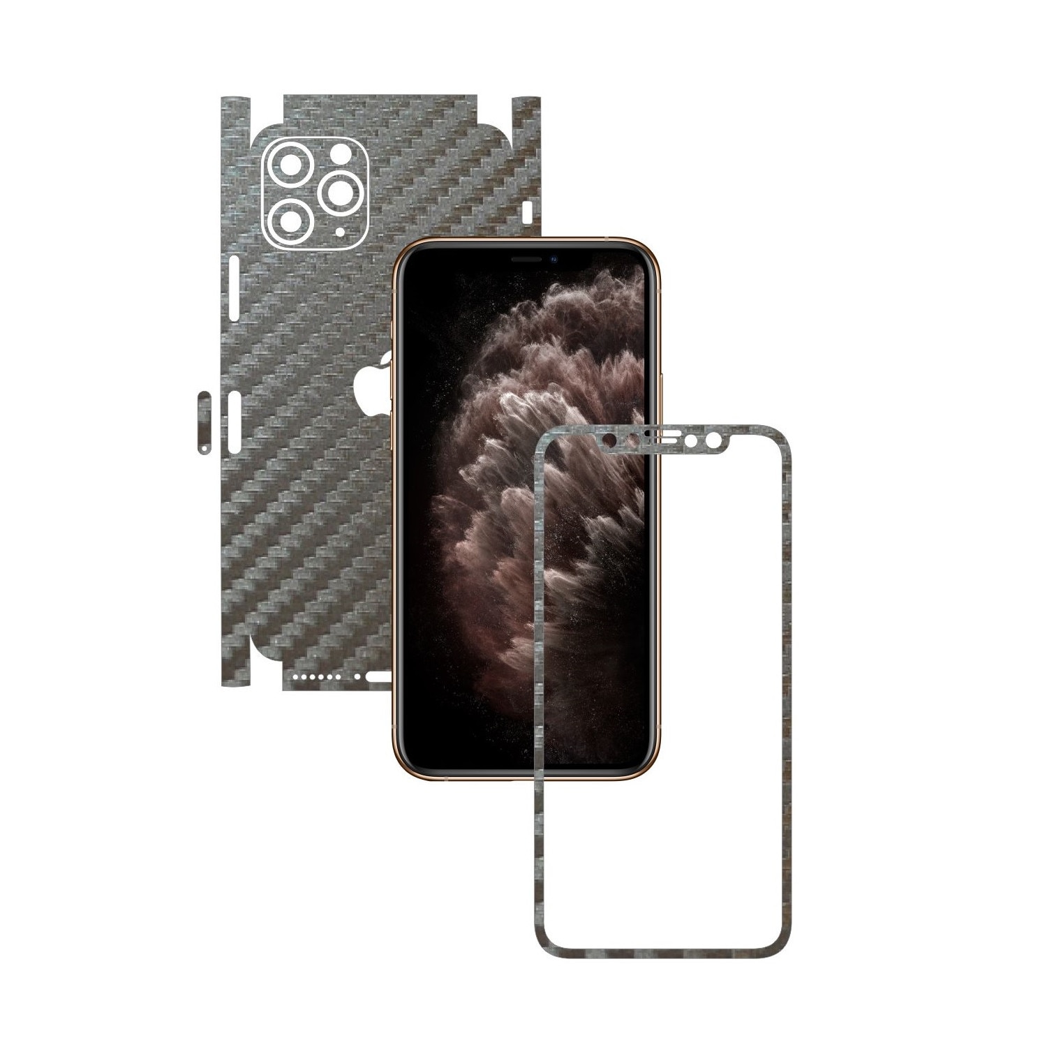 Folie Protectie Carbon Skinz pentru Apple iPhone 11 Pro - CAM CUT - Carbon Gri Argintiu 360 Cut, Skin Adeziv Full Body Cover pentru Rama Ecran, Carcasa Spate si Laterale