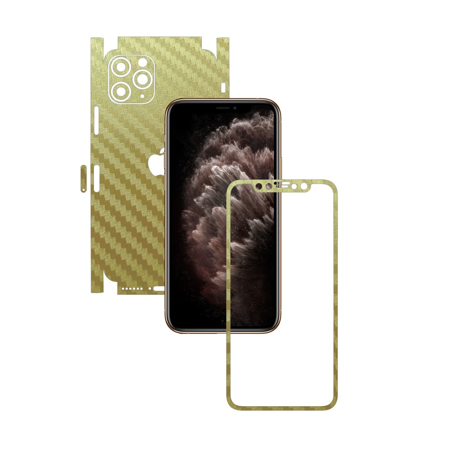 Folie Protectie Carbon Skinz pentru Apple iPhone 11 Pro Max - CAM CUT - Carbon Auriu 360 Cut, Skin Adeziv Full Body Cover pentru Rama Ecran, Carcasa Spate si Laterale