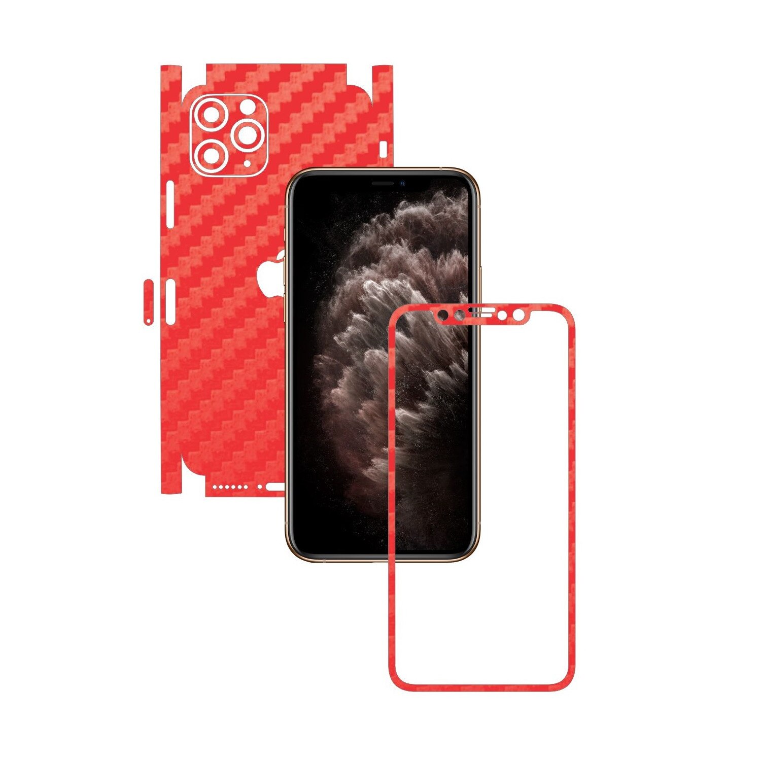 Folie Protectie Carbon Skinz pentru Apple iPhone 11 Pro Max - CAM CUT - Carbon Rosu 360 Cut, Skin Adeziv Full Body Cover pentru Rama Ecran, Carcasa Spate si Laterale