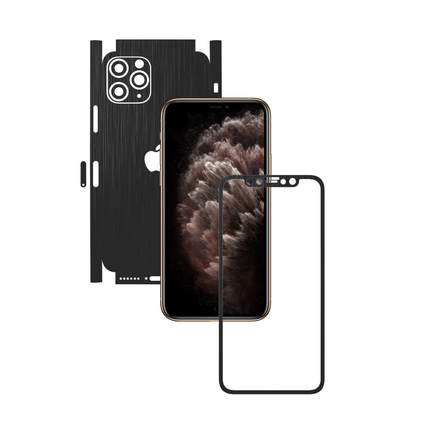 Folie Protectie Carbon Skinz pentru Apple iPhone 11 Pro Max - CAM CUT - Brushed Negru 360 Cut, Skin Adeziv Full Body Cover pentru Rama Ecran, Carcasa Spate si Laterale