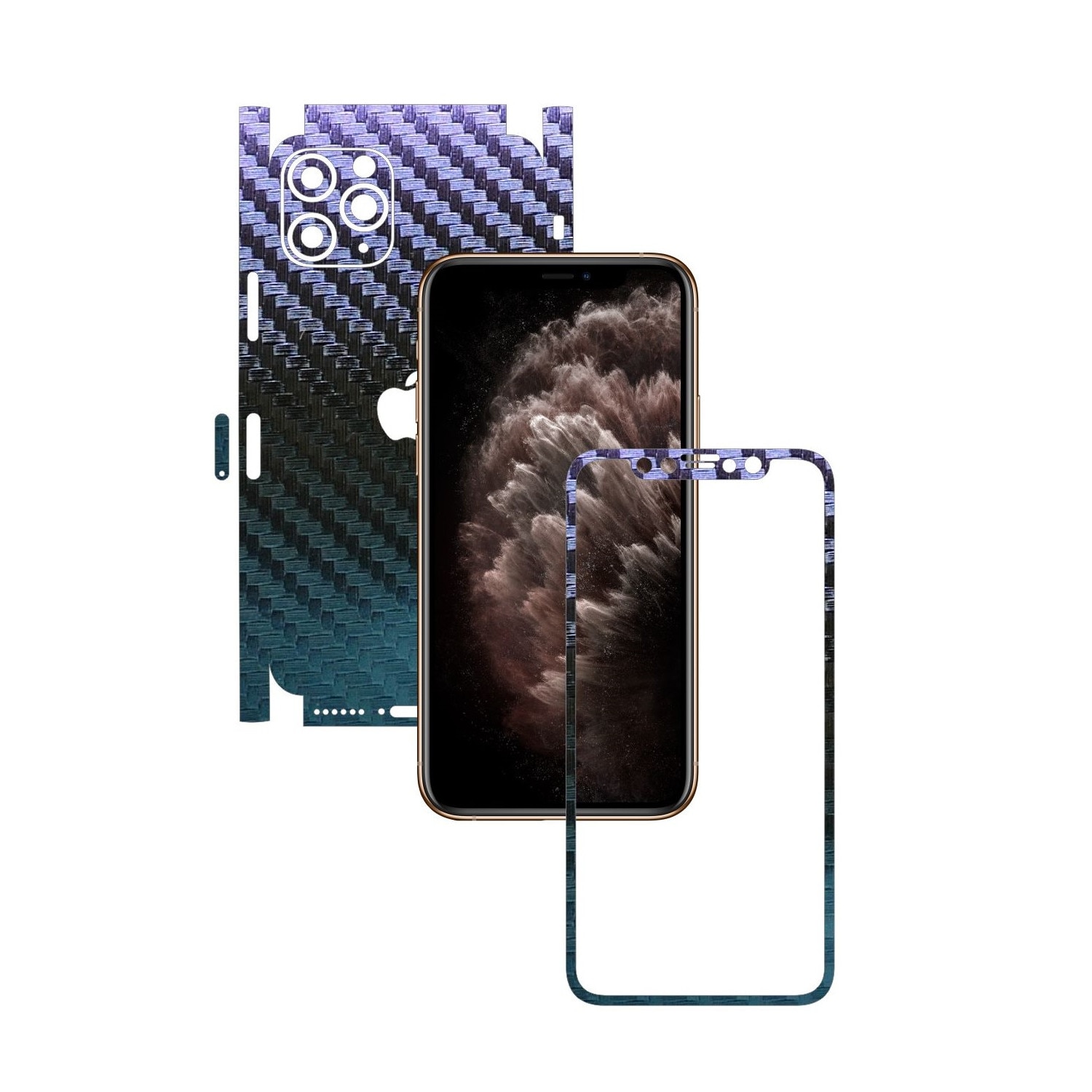 Folie Protectie Carbon Skinz pentru Apple iPhone 11 Pro - CAM CUT - Carbon Cameleon 360 Cut, Skin Adeziv Full Body Cover pentru Rama Ecran, Carcasa Spate si Laterale