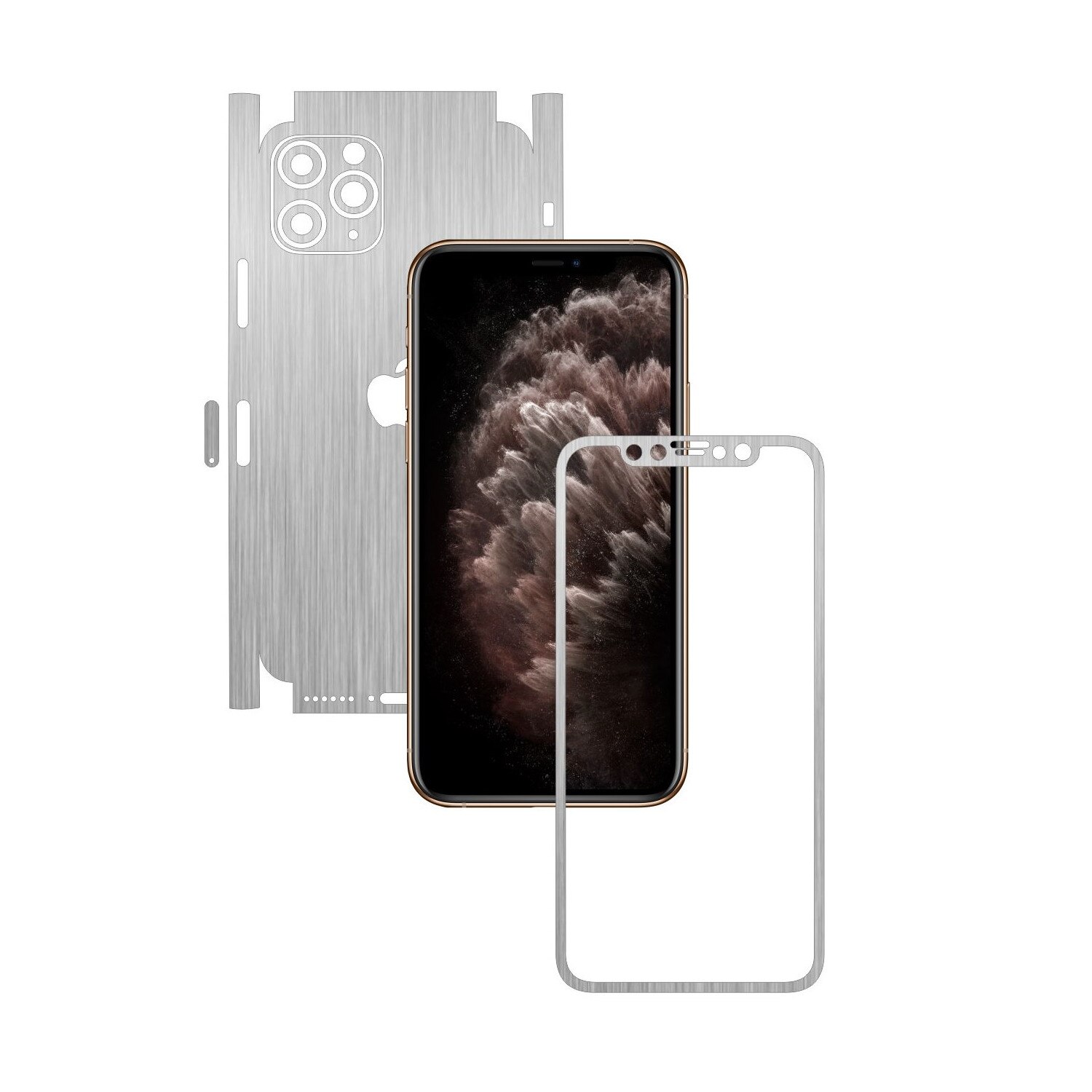 Folie Protectie Carbon Skinz pentru Apple iPhone 11 Pro Max - CAM CUT - Brushed Argintiu 360 Cut, Skin Adeziv Full Body Cover pentru Rama Ecran, Carcasa Spate si Laterale