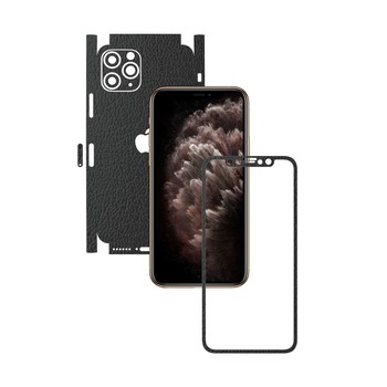 Folie Protectie Carbon Skinz pentru Apple iPhone 11 Pro Max - CAM CUT - Piele Neagra 360 Cut, Skin Adeziv Full Body Cover pentru Rama Ecran, Carcasa Spate si Laterale