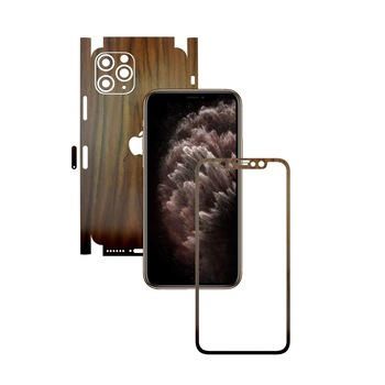 Folie Protectie Carbon Skinz pentru Apple iPhone 11 Pro Max - CAM CUT - Lemn Nuc 360 Cut, Skin Adeziv Full Body Cover pentru Rama Ecran, Carcasa Spate si Laterale