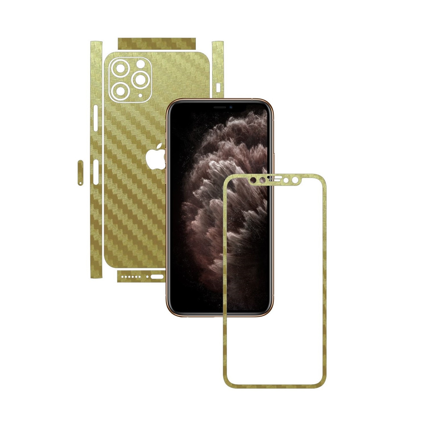 Folie Protectie Carbon Skinz pentru Apple iPhone 11 Pro Max - CAM CUT - Carbon Auriu Split Cut, Skin Adeziv Full Body Cover pentru Rama Ecran, Carcasa Spate si Laterale