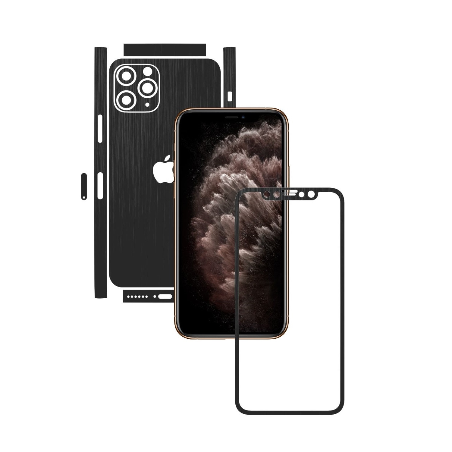 Folie Protectie Carbon Skinz pentru Apple iPhone 11 Pro Max - CAM CUT - Brushed Negru Split Cut, Skin Adeziv Full Body Cover pentru Rama Ecran, Carcasa Spate si Laterale