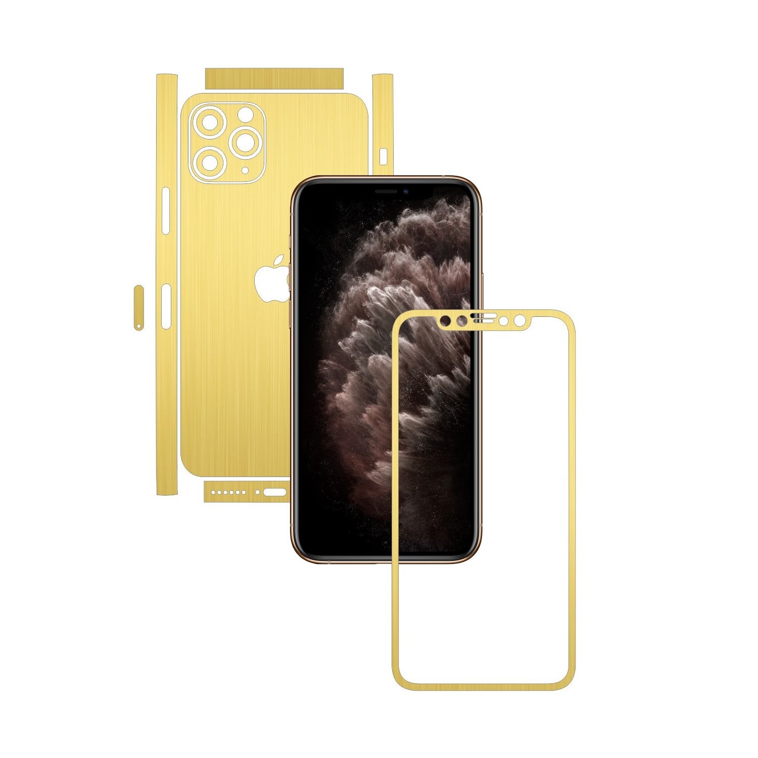 Folie Protectie Carbon Skinz pentru Apple iPhone 11 Pro Max - CAM CUT - Brushed Auriu Split Cut, Skin Adeziv Full Body Cover pentru Rama Ecran, Carcasa Spate si Laterale