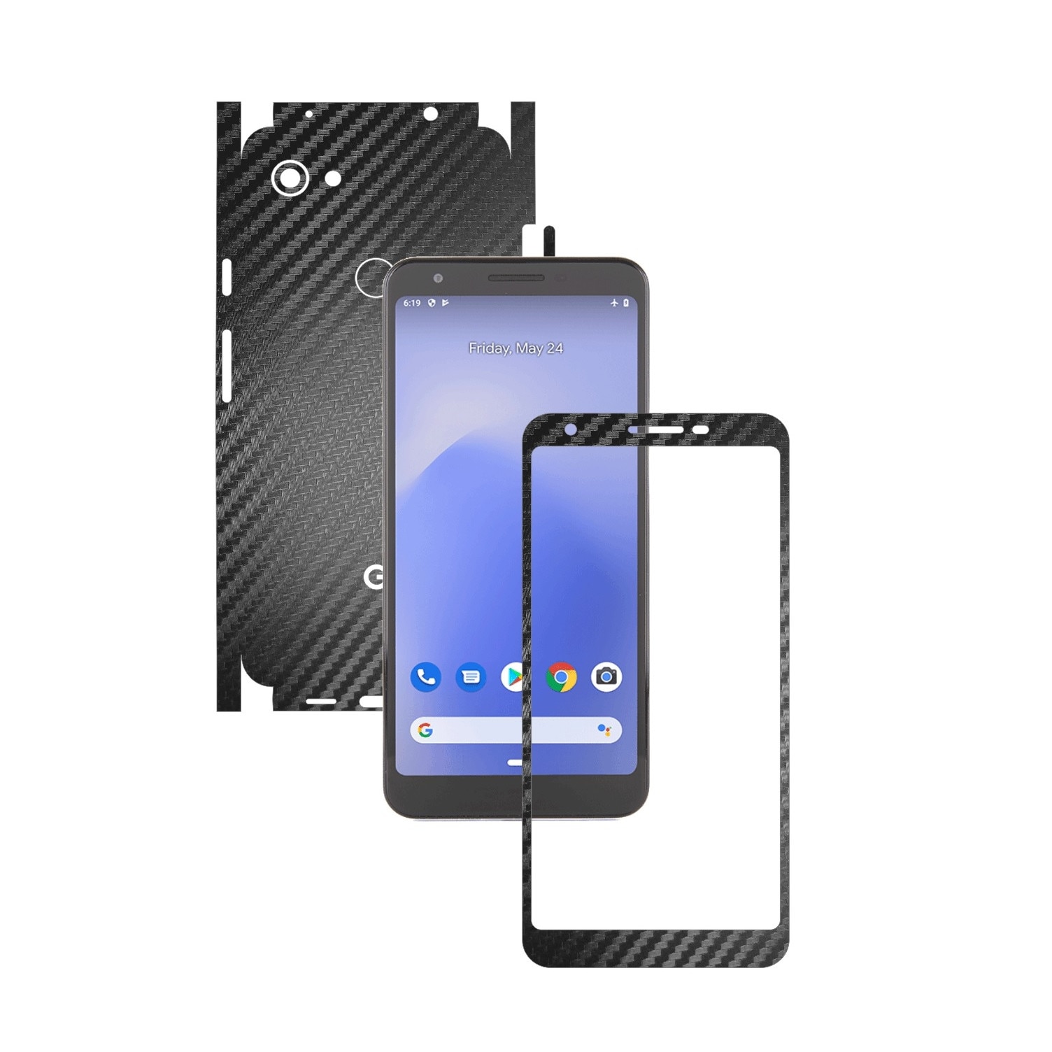 Folie Protectie Carbon Skinz pentru Google Pixel 3a - Carbon Negru 360 Cut, Skin Adeziv Full Body Cover pentru Rama Ecran, Carcasa Spate si Laterale