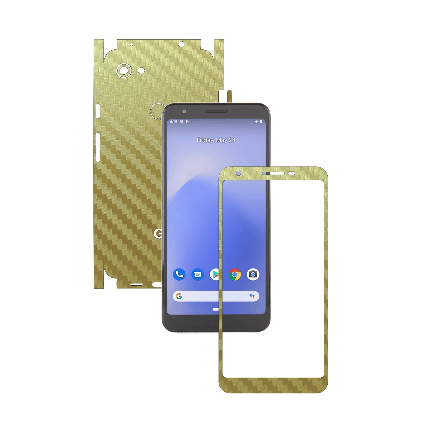 Folie Protectie Carbon Skinz pentru Google Pixel 3a XL - Carbon Auriu 360 Cut, Skin Adeziv Full Body Cover pentru Rama Ecran, Carcasa Spate si Laterale