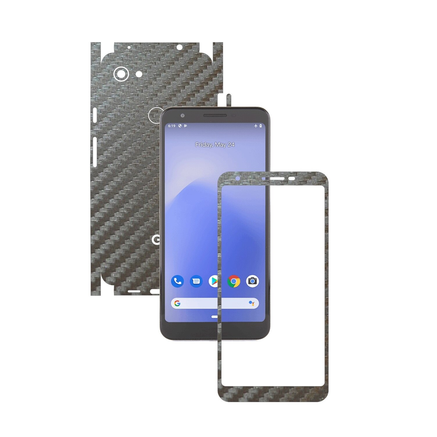 Folie Protectie Carbon Skinz pentru Google Pixel 3a XL - Carbon Gri Argintiu 360 Cut, Skin Adeziv Full Body Cover pentru Rama Ecran, Carcasa Spate si Laterale
