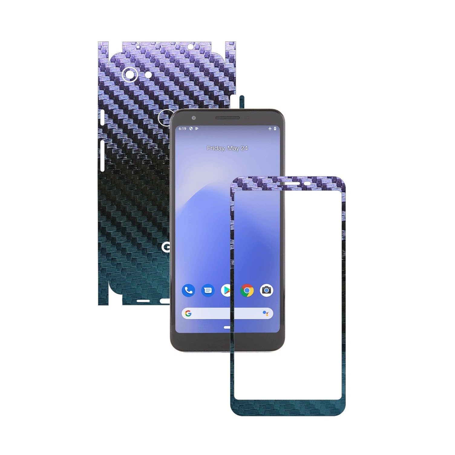 Folie Protectie Carbon Skinz pentru Google Pixel 3a - Carbon Cameleon 360 Cut, Skin Adeziv Full Body Cover pentru Rama Ecran, Carcasa Spate si Laterale