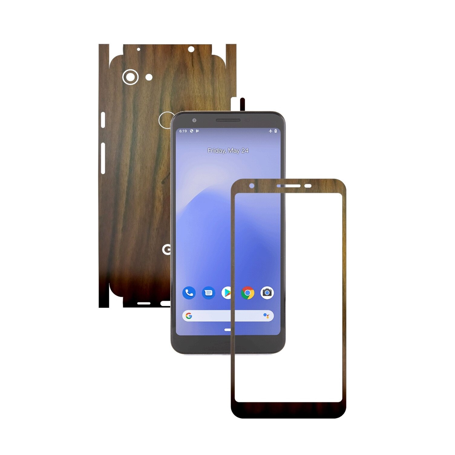 Folie Protectie Carbon Skinz pentru Google Pixel 3a - Lemn Nuc 360 Cut, Skin Adeziv Full Body Cover pentru Rama Ecran, Carcasa Spate si Laterale
