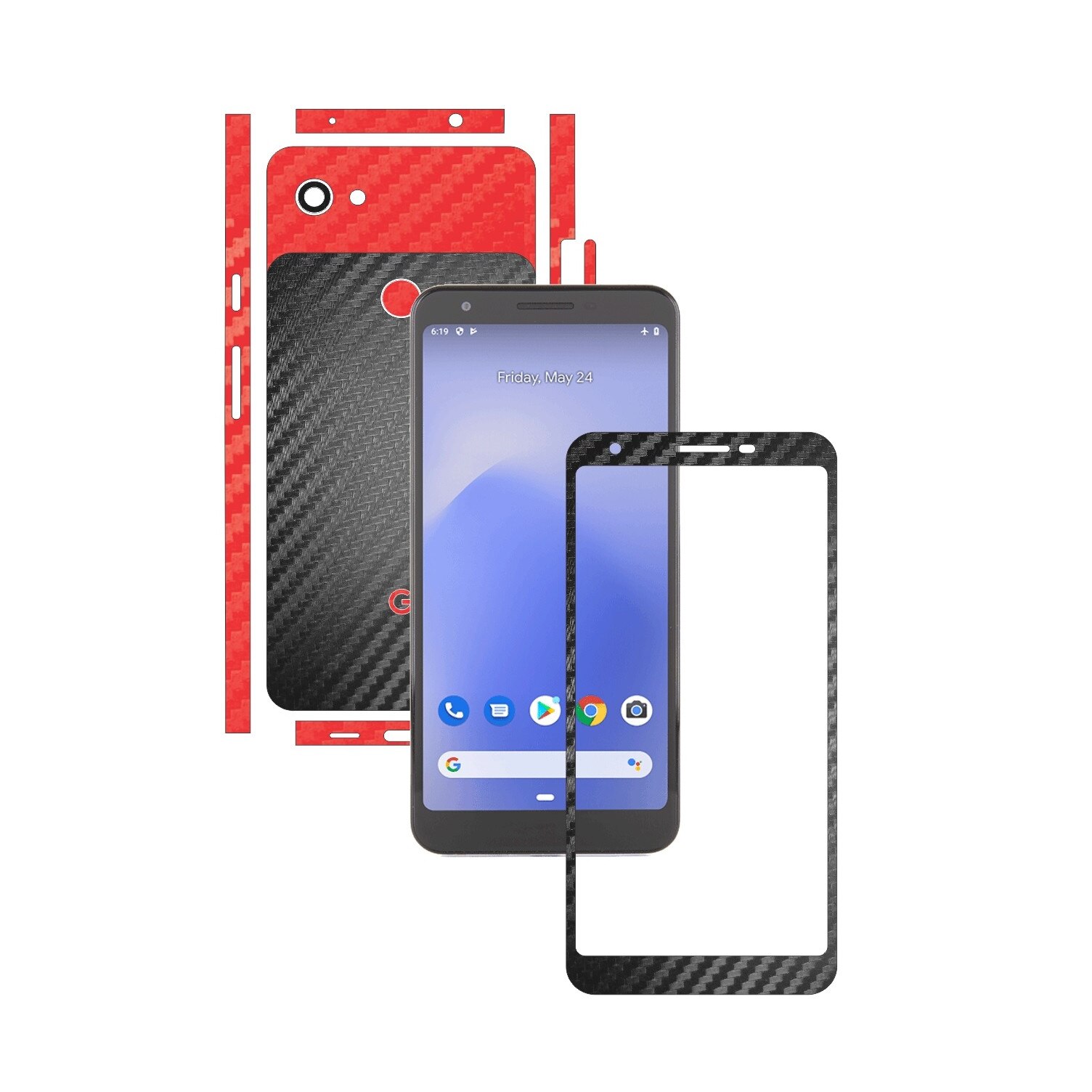 Folie Protectie Carbon Skinz pentru Google Pixel 3a XL - Carbon Two Tone Negru / Rosu, Skin Adeziv Full Body Cover pentru Rama Ecran, Carcasa Spate si Laterale
