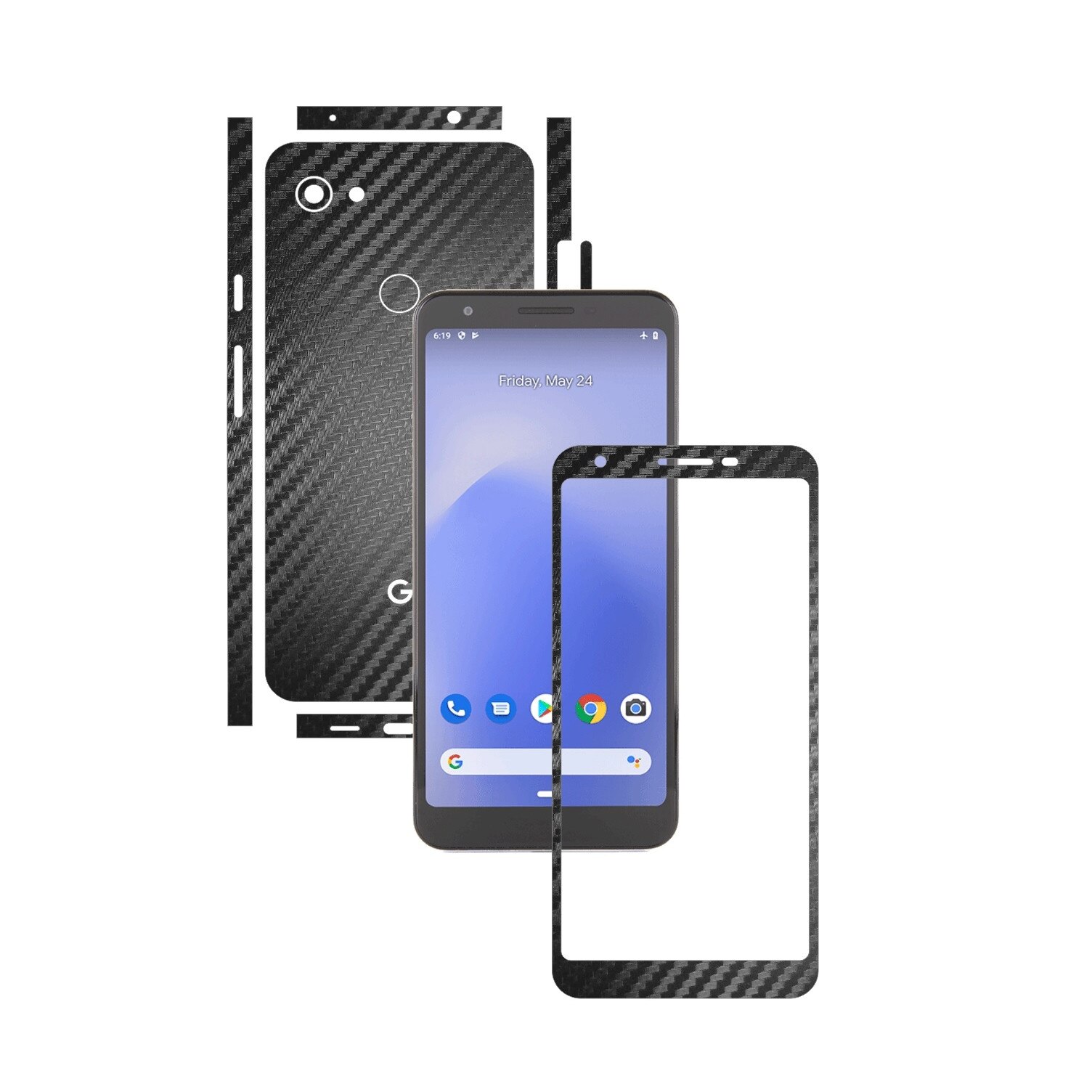 Folie Protectie Carbon Skinz pentru Google Pixel 3a XL - Carbon Negru Split Cut, Skin Adeziv Full Body Cover pentru Rama Ecran, Carcasa Spate si Laterale